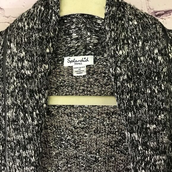 Splendid Open Knit Black White Texture Cardigan Faux Leather Trim Shawl Collar S - Picture 3 of 13